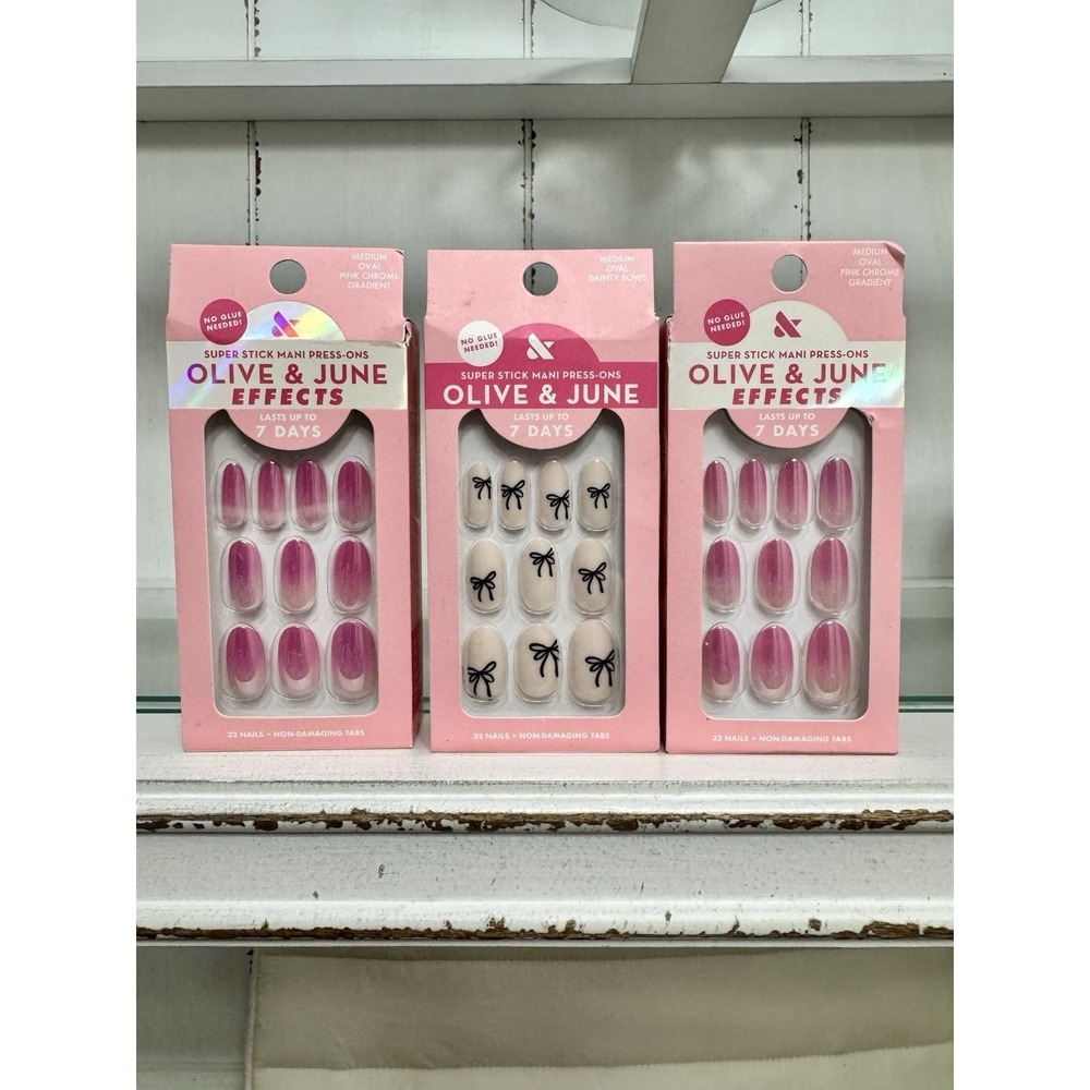 Olive & June Super Stick Mani Press-On Nails Pink Chrome & Bows Medium Oval